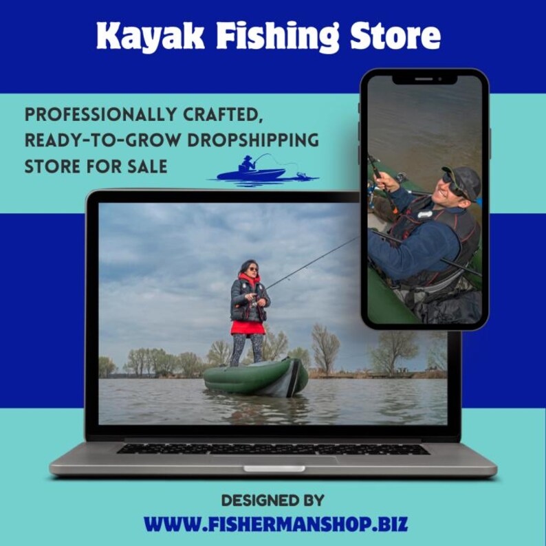 May include: A laptop and smartphone display images of people fishing from kayaks. The laptop screen shows a person fishing, while the phone shows a close-up of another person fishing. Text on the image reads "Kayak Fishing Store."
