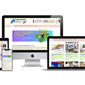May include: A display of digital devices, including a tablet, smartphone, desktop computer, and laptop, showcasing a website design. The website features the text "TURNKEY BLOGS" and "Launch a Fully Built Blog Designed for Growth and Revenue."
