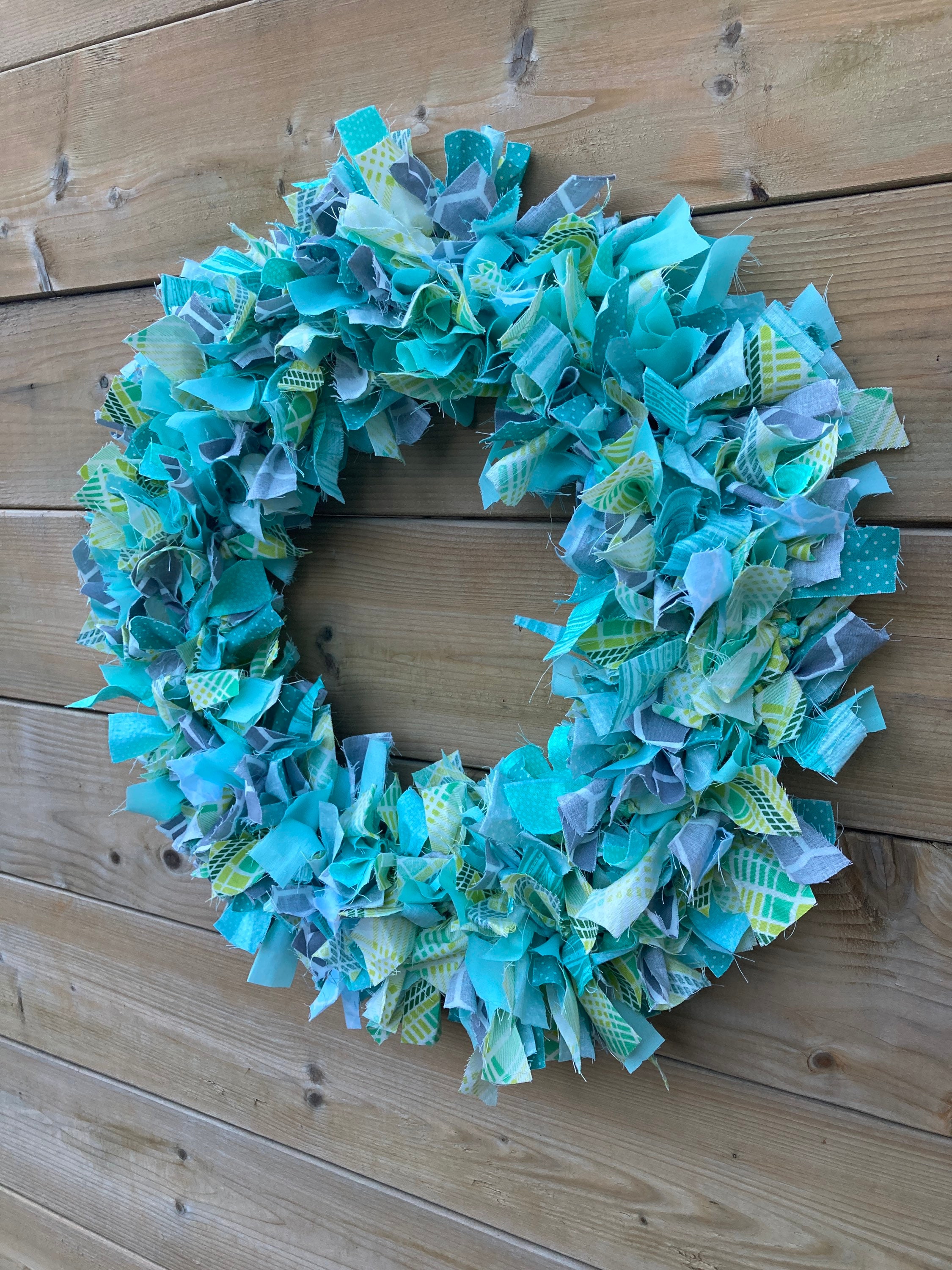 Shades of Aqua Rag Wreath, Scrap Wreath, Fabric Wreath, Spring Wreath