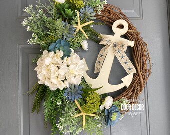 Nautical Wreath, Beach Wreath, Door Decor, Door Wreath, Anchor, Floral, Summer Wreath, Grapevine Wreath