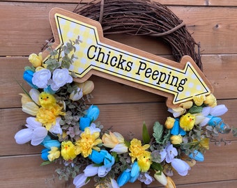 Easter Wreath, Spring wreath, baby chicks, spring chicks, Easter Decor, Door Decor, Grapevine Wreath