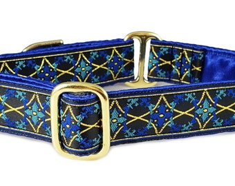 Blue & Gold Exeter Jacquard - Martingale Collar or Buckle Dog Collar - Custom Dog Collar - 1 Inch Wide