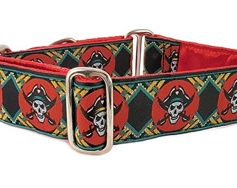 1.5 Inch Wide Pirates Dog Collar in Black - Martingale or Buckle Collar, Greyhound Collar, Whippet Collar, Halloween Dog Collar