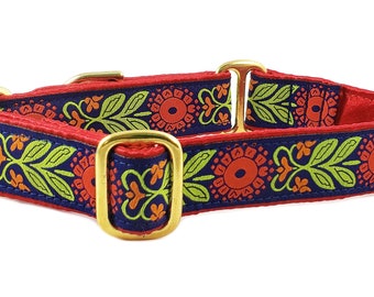 Martingale Dog Collar or Buckle Dog Collar - Luzern Floral Jacquard in Red, Orange & Navy Blue - 1 Inch