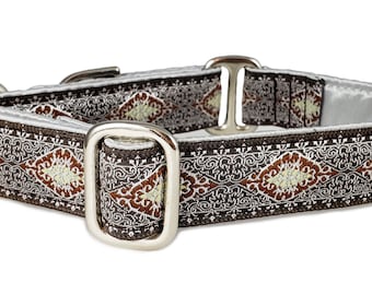 Martingale Dog Collar or Buckle Dog Collar - Montreal Jacquard in Brown & White - Adjustable Collar for Medium to Large Dogs - 1 Inch Wide