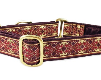 Clifden Celtic Dog Collar in Burgundy & Gold - Martingale Collar or Buckle Dog Collar, Celtic Dog Collar - 1 Inch Wide