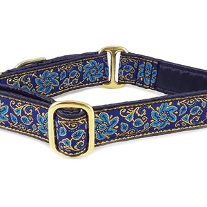 Blue & Gold Sevilla Jacquard: Martingale Collar or Buckle Dog Collar - 1 Inch Wide