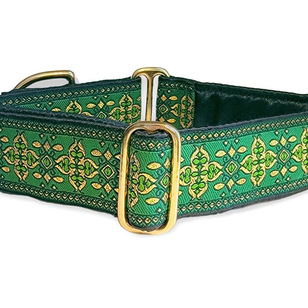 Green & Metallic Gold Cashel Martingale Collar or Buckle Collar - Adjustable for Medium to Large Breeds, Greyhounds, Danes - 1.5 Inch Wide