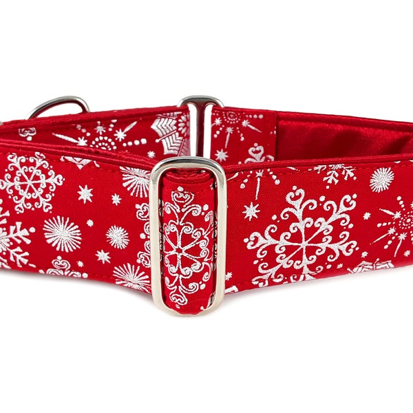 Winter Snowflakes on Red: Martingale Dog Collar or Buckle Dog Collar for Large Dog, Holiday Collars, Christmas Dog Collars - 2" Wide