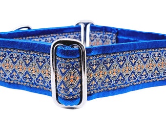 Blue & Gold Martingale Collar or Buckle Collar for Medium to Large Dogs, Greyhounds, Great Danes - Cairo Jacquard Collar - 1.5 Inch Wide