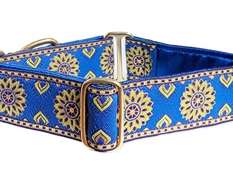 Blue, Chartreuse, Metallic Gold Sunburst Martingale Collar or Buckle Collar - Adjustable for Medium to Large Breeds - 1.5 Inch Wide