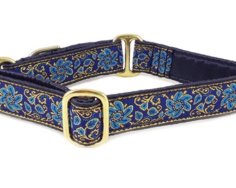 Blue & Gold Sevilla Jacquard: Martingale Collar or Buckle Dog Collar - 1 Inch Wide