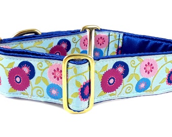 Blue & Pink Floral Martingale Dog Collar or Buckle Collar - Wide Collar for Medium to Large Dogs, Greyhounds, Whippets - 1.5 Inch Wide