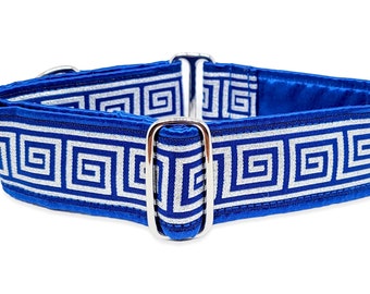 Greek Key Martingale Collar or Buckle Collar | Blue & Metallic Silver | for Medium to Large Dogs, Greyhounds, Boxers, Etc - 1.5 Inch Wide