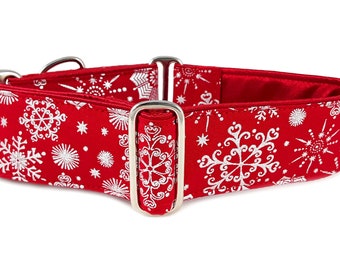 Winter Snowflakes on Red: Martingale Dog Collar or Buckle Dog Collar for Large Dog, Holiday Collars, Christmas Dog Collars - 2" Wide