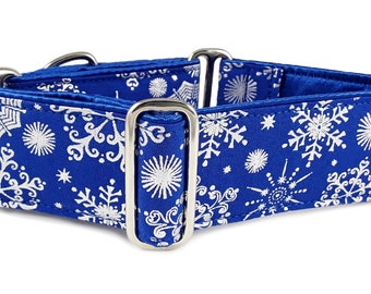 Blue & Silver Winter Snowflakes: Martingale Collar or Buckle Dog Collar for Large Dog, Holiday Collars, Christmas Gifts - 2 Inch Wide