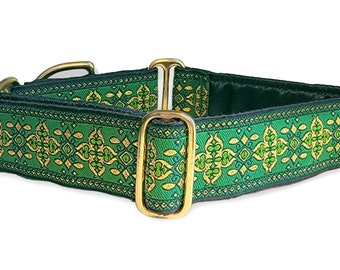 Green & Metallic Gold Cashel Martingale Collar or Buckle Collar - Adjustable for Medium to Large Breeds, Greyhounds, Danes - 1.5 Inch Wide