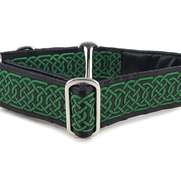 Wexford Celtic Braid in Black/Green - Martingale Collar or Buckle Collar - for Medium to Large Dogs, Greyhounds, Whippets - 1.5 Inch Wide