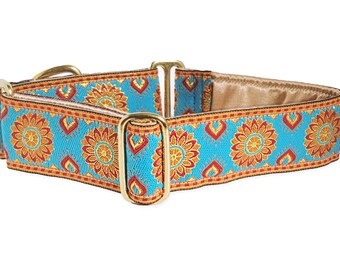 Turquoise, Gold, Metallic Gold Sunburst Martingale Collar or Buckle Collar - Adjustable for Medium to Large Breeds - 1.5 Inch Wide