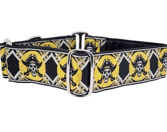 1.5 Inch Wide Pirates Dog Collar in Metallic Gold & Silver | Martingale or Buckle Collar for Medium to Large Dogs | Halloween Dog Collar