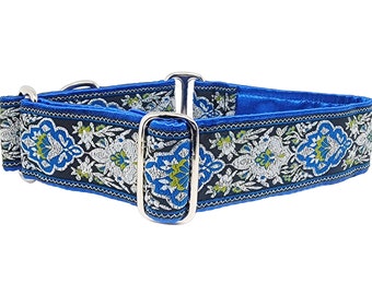 Blue Salzburg - Adjustable Martingale Dog Collar or Buckle Collar - for Large Breeds, Greyhounds, Whippets, Great Danes - 1.5 Inch Wide