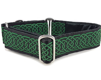 Wexford Celtic Braid in Black/Green - Martingale Collar or Buckle Collar - for Medium to Large Dogs, Greyhounds, Whippets - 1.5 Inch Wide