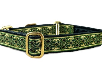 Clifden Celtic Dog Collar in Green & Gold - Martingale Collar or Buckle Dog Collar, Celtic Dog Collar - 1 Inch Wide