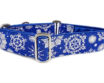 Blue & Silver Winter Snowflakes: Martingale Collar or Buckle Dog Collar for Large Dog, Holiday Collars, Christmas Gifts - 1.5 Inch Wide