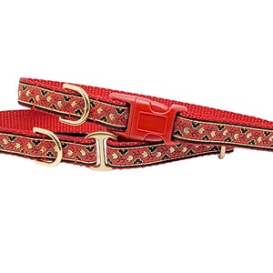 Red & Metallic Gold Stratford - Nautical Dog Collar, Greyhound Tag Collar, Dog ID Tag Collar, House Collar, Dog Collar, Handmade Dog Collar