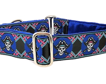 1.5 Inch Wide Pirates Dog Collar in Black - Martingale or Buckle Collar, Greyhound Collar, Whippet Collar, Halloween Dog Collar