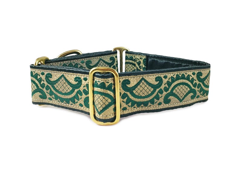 Green, Metallic Gold Martingale or Buckle Dog Collar Adjustable for