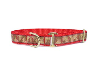 Red & Metallic Gold Greek Key - Tag Collar, Greyhound Tag Collar, Dog ID Tag Collar, House Collar, Handmade Dog Collar - 1 Inch Wide