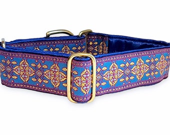 Blue, Pink & Metallic Gold Cashel Martingale Collar or Buckle Collar - Adjustable for Medium to Large Breeds, Greyhounds - 1.5 Inch Wide