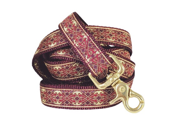 Burgundy, Gold Dog Leash | Custom Length, Matching Lead for Dogs, Renaissance Style, Training Accessory, Gift for Dog Lovers & Pet Owners