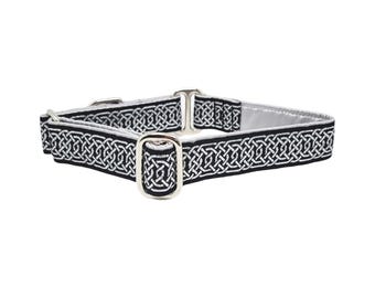 Silver, Black Celtic Braid Dog Collar: Martingale or Buckle Style, Adjustable Fit for Small/Medium Dogs, Greyhounds, Whippets - 1 Inch Wide