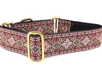 Pink & Brown Martingale Dog Collar or Buckle Collar - Adjustable for Medium to Large Dog, Greyhound, Whippet, Great Dane - 1.5 Inch Wide