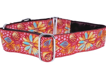 Pink Floral Martingale Dog Collar or Buckle Collar - Adjustable for Medium to Large Dogs, Whippets, Greyhounds, Great Danes - 1.5 Inch Wide