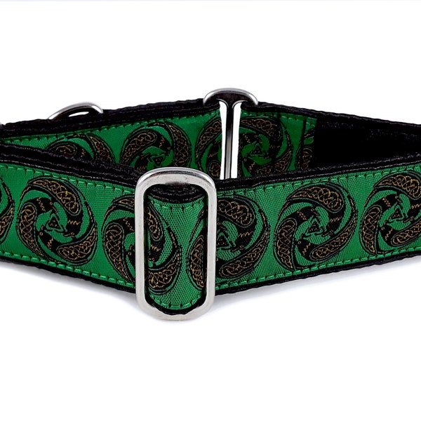 Celtic Raven Dog Collar in Green: Martingale Dog Collar OR Buckle Dog Collars for Greyhounds, Whippets, Danes, Celtic Dog Collars - 1.5 Inch