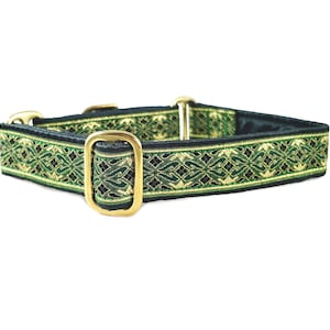 Green, Gold Celtic Dog Collar: Martingale or Buckle Style, Adjustable for Small/Medium Dogs, Whippets, Terriers, Spaniels, Etc - 1 Inch Wide