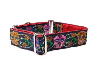 Coleira de cachorro com caveiras de açúcar de 1,5 polegada de largura | Estilo Martingale ou fivela para cães médios/grandes, presente para amantes de animais de estimação, Halloween, Día De Los Muertos