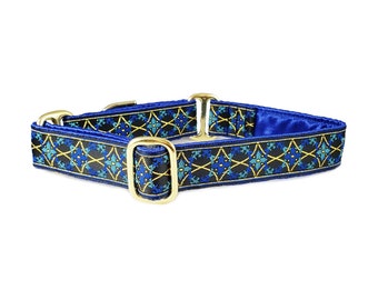 Martingale Collar or Buckle Dog Collar - Blue & Gold Exeter Jacquard - Custom, Adjustable Dog Collar - 1 Inch Wide