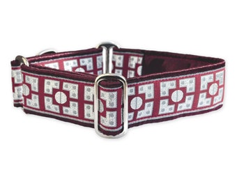 Burgundy & Silver Riveted Martingale or Buckle Dog Collar | Adjustable for Medium to Large Dogs, Greyhounds, Whippets, Danes | 1.5 Inch Wide