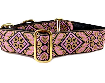 Pink & Old Gold Martingale Dog Collar or Buckle Collar - Adjustable for Medium to Large Dogs, Greyhounds, Whippets, Poodles - 1.5 Inch Wide