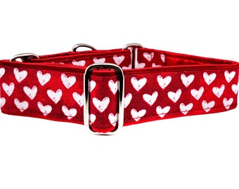 Valentine Hearts in Red & White: Satin-Lined Martingale or Buckle Collar for Medium to Large Dogs, Greyhounds, Great Danes - 1.5 Inch Wide