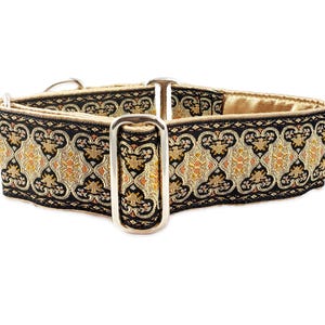 Black & Gold Renaissance Martingale or Buckle Dog Collar | Custom, Adjustable for Large Dogs, Greyhounds, Great Danes, Poodles - 2 Inch Wide