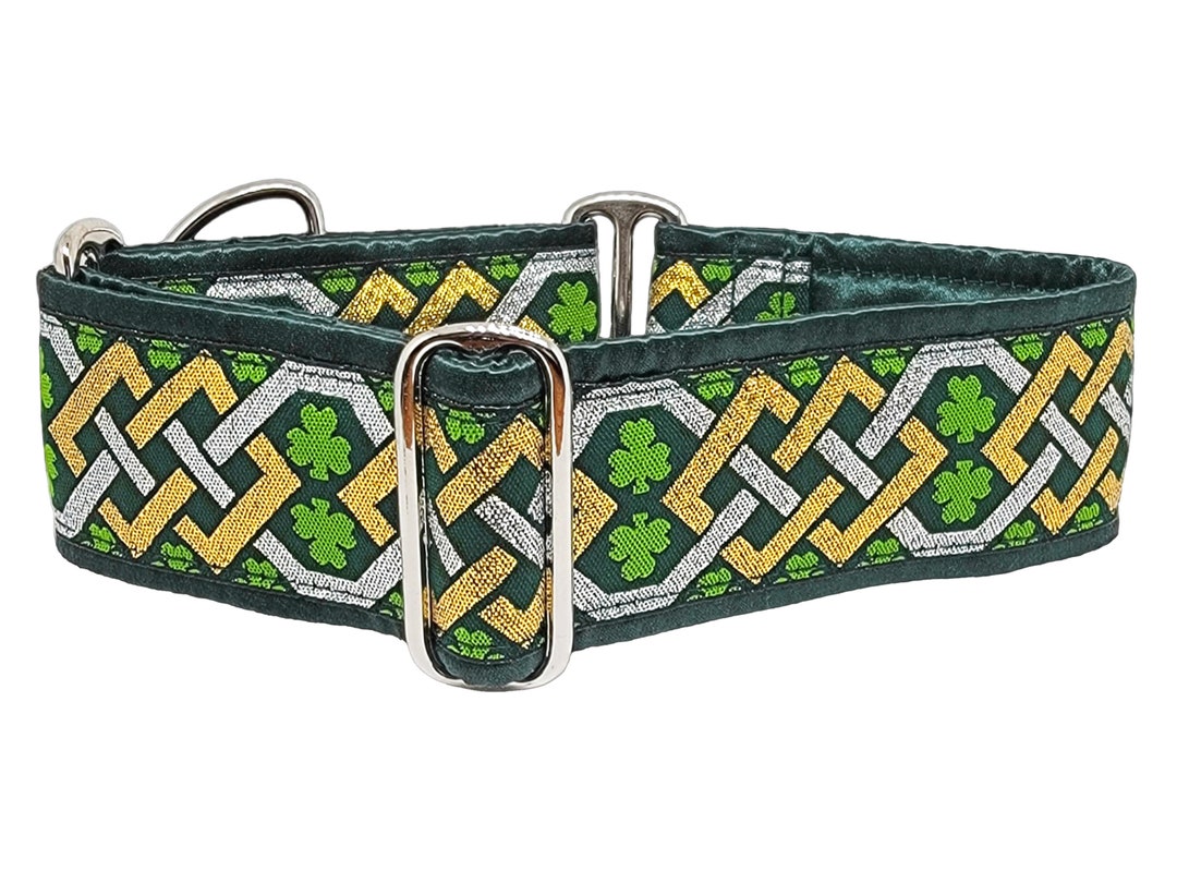 Celtic Shamrock Martingale Dog Collar or Buckle Collar in Green and Metallic Gold & Silver for