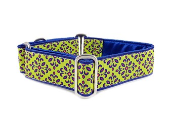 Collar para perros con hebilla o martingala de color azul y chartreuse, ajustable para perros medianos y grandes, whippets, galgos, grandes daneses y labradores, 1,5 pulgadas de ancho