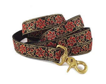 Floral Dog Leash: Black, Red & Gold Jacquard Ribbon, Custom Length