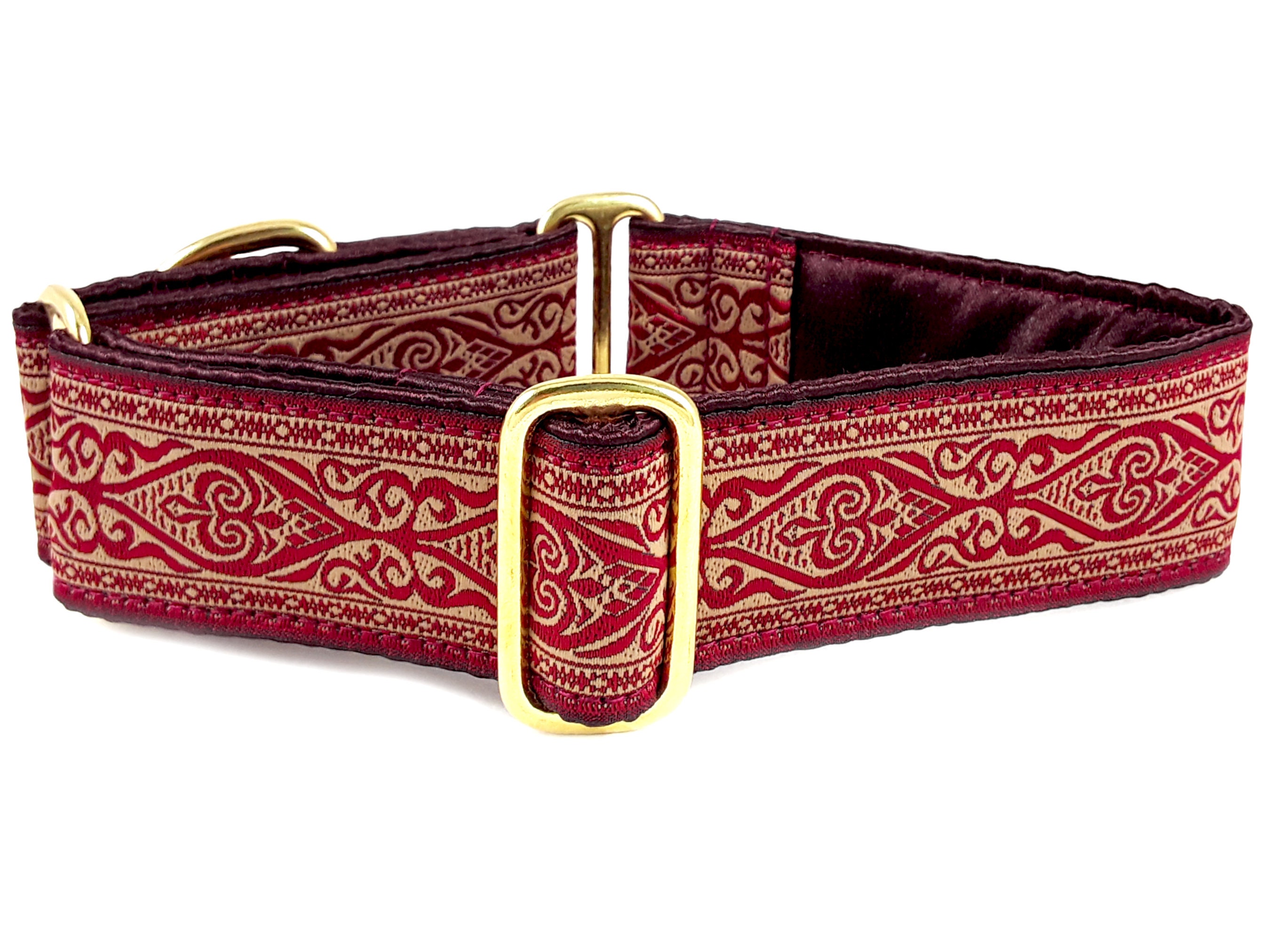 Burgundy & Gold Bowtie Plaid Adjustable Dog Collar Martingale Collar or  Side Release Buckle Collar Metallic Gold / Reds Holiday Plaid 