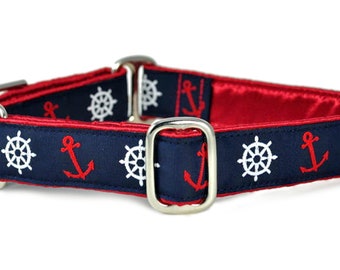 Martingale Collar or Buckle Dog Collar - Custom Dog Collar -Anchors Aweigh in Red, White & Navy Blue - 1 Inch